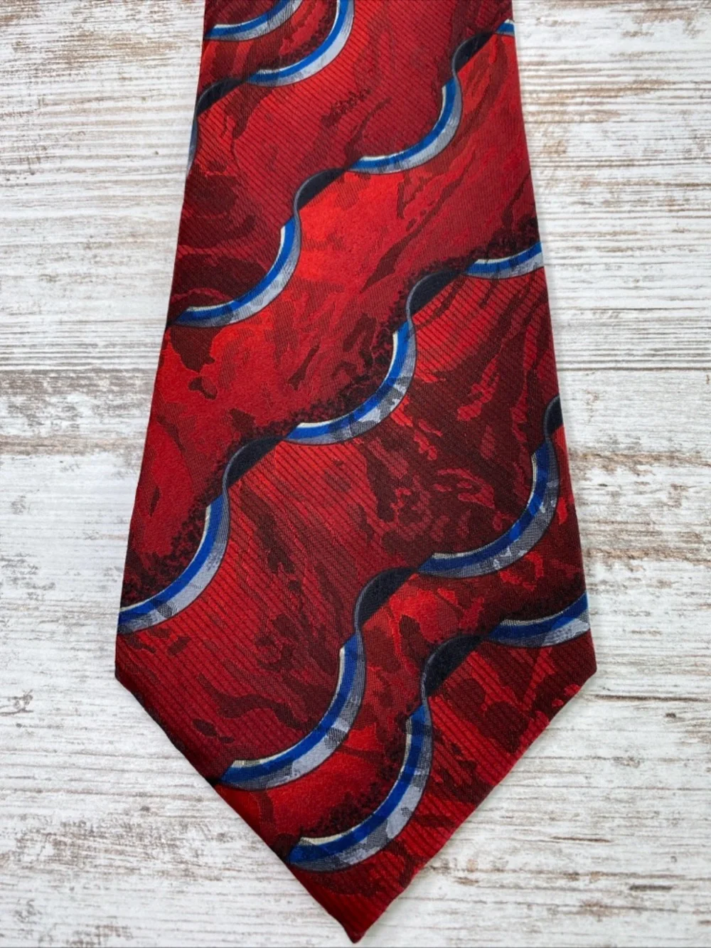 J. Ferrar Mens Tie Silk Red Blue Abstract Wide 4” Designer Necktie Italy